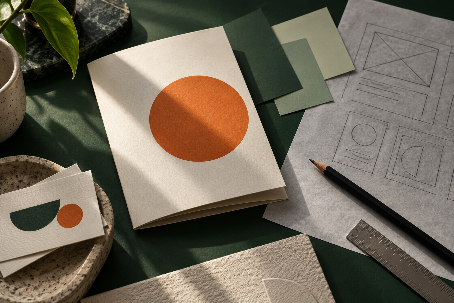Illustrative brand materials, colour studies and paper wireframes