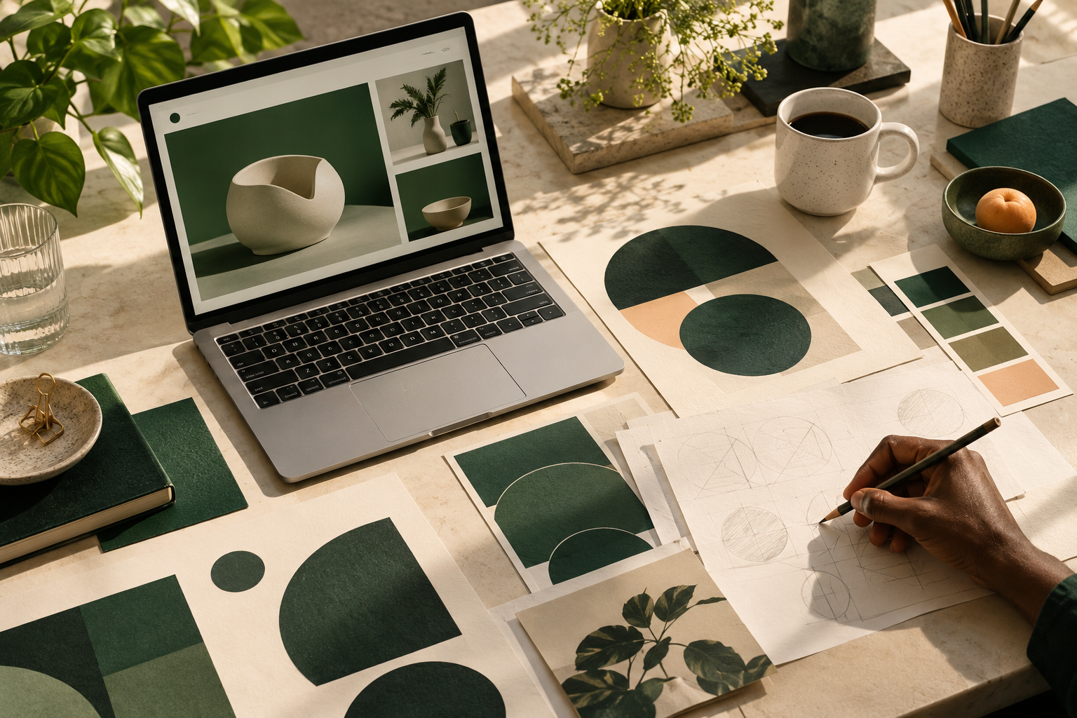 Illustrative creative workspace with brand sketches and a digital product